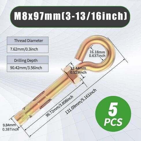 Concrete Wall Hook Bolts, M6x55mm 2-3/16" Expansion Screws Carbon Steel Screw Color Zinc-Plating Brick Anchors Hook Bolts (5Pcs) in Saudi Arabia