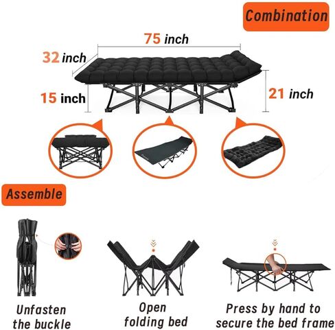 كبير الحجم XXL القابل للطي COT COT W/حصيرة للبالغين ، سرير في الهواء الطلق الثقيل مع حقيبة حمل ، 1200 د طبقة معسكر السفر المحمول COTS 32 "نوم نائم عريض للغاية يحمل ما يصل إلى 900 رطل (أسود) in Saudi Arabia