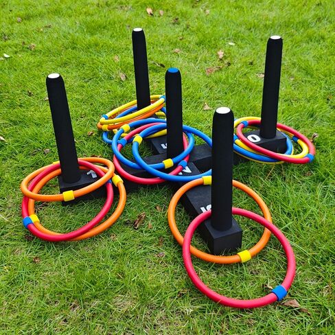 لعبة رينج توس للاستخدام الداخلي والخارجي للعائلة والكبار مع 5 أقطاب وقاعدتين و16 حلقة في 4 ألوان، لعبة إسفنجية ناعمة في الفناء الخلفي لمتعة الرمي in Kuwait