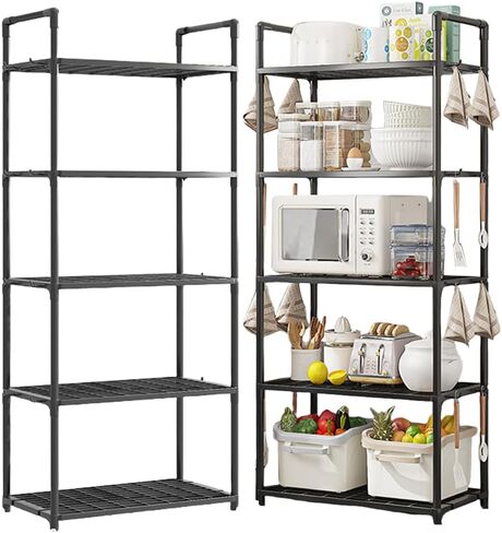 5-Tier Adjustable Storage Rack 66 lbs Capacity, Kitchen Pantry Shelving Bathroom Laundry Room Garage, Drainable Large Capacity Easy-Install Shelving Unit Snacks Pots Pans Utensils(Black) in Kuwait