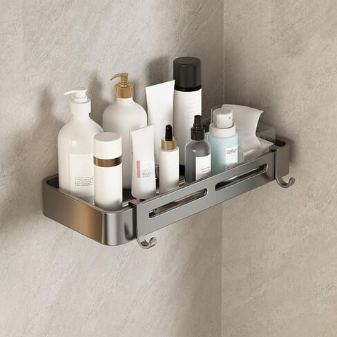 No Drill Bathroom Corner Shelf Rustproof Aluminum Wall Mounted Organizer with Hooks Adhesive Install for Shower Kitchen, Rectangle in Saudi Arabia
