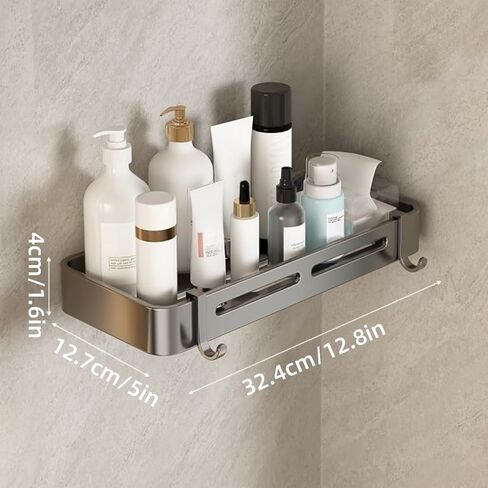 No Drill Bathroom Corner Shelf Rustproof Aluminum Wall Mounted Organizer with Hooks Adhesive Install for Shower Kitchen, Rectangle in Saudi Arabia