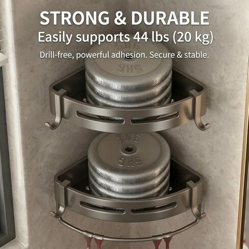 No Drill Bathroom Corner Shelf Rustproof Aluminum Wall Mounted Organizer with Hooks Adhesive Install for Shower Kitchen, Rectangle in Saudi Arabia