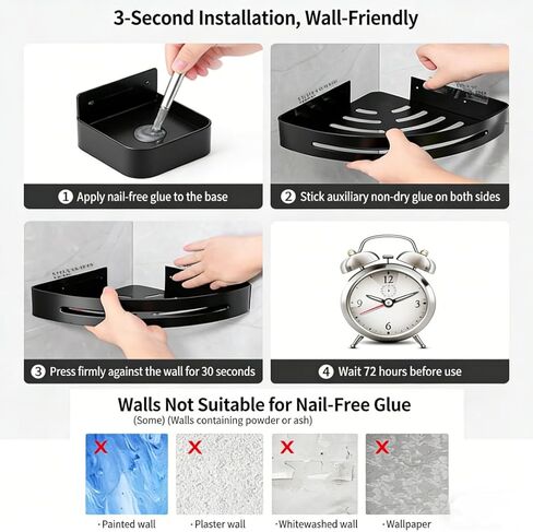 No Drill Bathroom Corner Shelf Rustproof Aluminum Wall Mounted Organizer with Hooks Adhesive Install for Shower Kitchen, Rectangle in Saudi Arabia