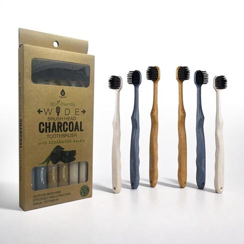مجموعة فرشاة أسنان بورسونيك ذات رأس واسع مع مقبض خشبي من خشب الأرز وشعيرات فحمية ناعمة - فرش طبيعية للعناية بالفم مناسبة للسفر مع تصميم قبضة مريح لجميع الفئات العمرية - عبوة من 6 قطع in Kuwait