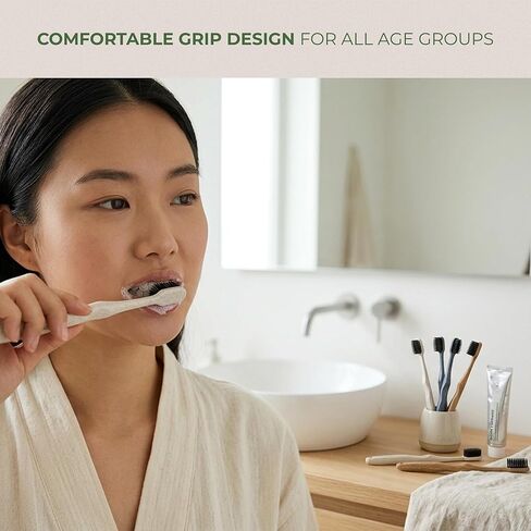 مجموعة فرشاة أسنان بورسونيك ذات رأس واسع مع مقبض خشبي من خشب الأرز وشعيرات فحمية ناعمة - فرش طبيعية للعناية بالفم مناسبة للسفر مع تصميم قبضة مريح لجميع الفئات العمرية - عبوة من 6 قطع in Kuwait