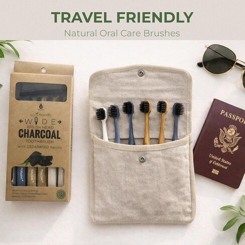 مجموعة فرشاة أسنان بورسونيك ذات رأس واسع مع مقبض خشبي من خشب الأرز وشعيرات فحمية ناعمة - فرش طبيعية للعناية بالفم مناسبة للسفر مع تصميم قبضة مريح لجميع الفئات العمرية - عبوة من 6 قطع in Kuwait