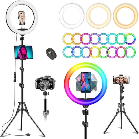 13" RGB Selfie Ring Light with Stand 76" Tall & 2 Phone Holders, Tablet Holder, Sunset Lamp & 51 Color Modes, Desk Tripod, 12 Dimming Levels Halo Light, LED Camera Ringlight for iPhone/TikTok/YouTube in Saudi Arabia