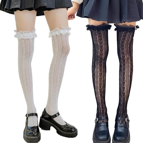 2 Pairs Lace Thigh High Stockings With Bows Y2K Lace Socks Over Knee Long Stocking in Saudi Arabia