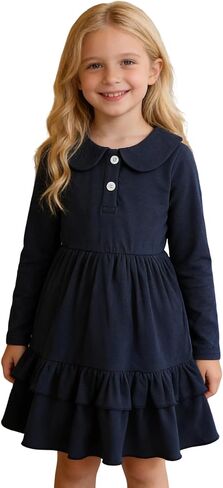 Girls Ruffle Trim Dress Solid Color A-line Swing Tiered Casual Skirt Lapel Party Dresses 2-8T in Kuwait