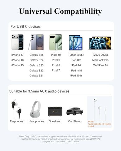 USB -C إلى 3.5 مم محول AUX AUX - 384 كيلو هرتز Hi -Fi Stereo و 60 واط شحن سريع الشحن - النوع C إلى سلك مقبس سماعة الرأس لـ iPhone 16 15 Samsung Galaxy S25 S24 S23 S22 Plus Pro Max Ultra Pixel ipad in Kuwait