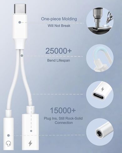 USB -C إلى 3.5 مم محول AUX AUX - 384 كيلو هرتز Hi -Fi Stereo و 60 واط شحن سريع الشحن - النوع C إلى سلك مقبس سماعة الرأس لـ iPhone 16 15 Samsung Galaxy S25 S24 S23 S22 Plus Pro Max Ultra Pixel ipad in Kuwait