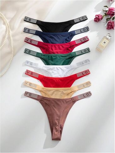 SOLY HUX Women's 8 Pack Thongs Rhinestone Low Rise Underwear Panties in Saudi Arabia