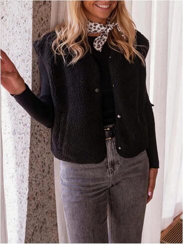 GORGLITTER Women's Fuzzy Fleece Vest Sleeveless Button Up Outerwear Lightweight Winter Warm Waistcoat in Saudi Arabia