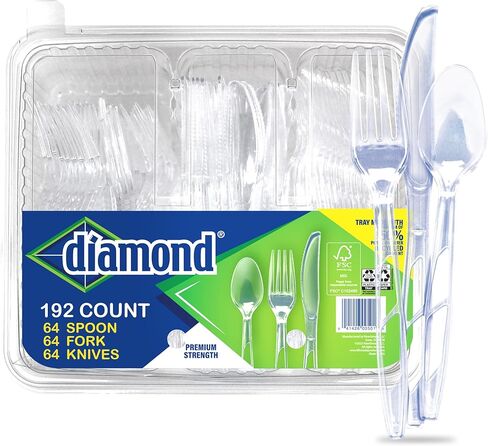 Diamond® All Occasion Clear Plastic Cutlery Set – 192 Count (64 Forks, 64 Spoons, 64 Knives), Disposable Utensils, Durable Polystyrene, Reusable Tray, Made in USA in Saudi Arabia
