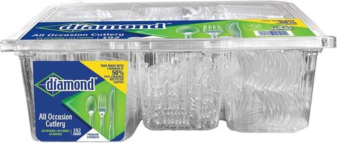 Diamond® All Occasion Clear Plastic Cutlery Set – 192 Count (64 Forks, 64 Spoons, 64 Knives), Disposable Utensils, Durable Polystyrene, Reusable Tray, Made in USA in Saudi Arabia