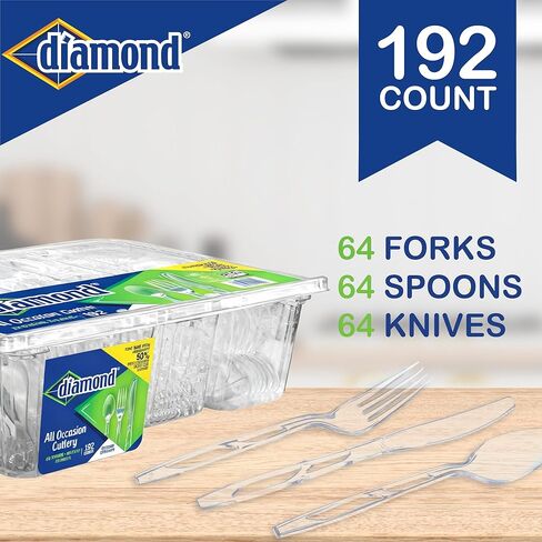 Diamond® All Occasion Clear Plastic Cutlery Set – 192 Count (64 Forks, 64 Spoons, 64 Knives), Disposable Utensils, Durable Polystyrene, Reusable Tray, Made in USA in Saudi Arabia