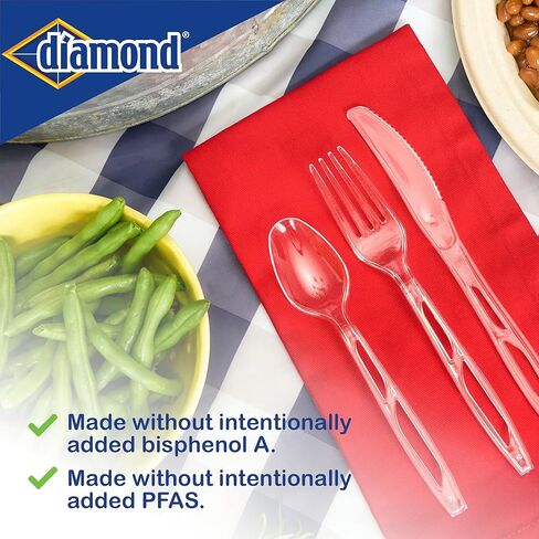 Diamond® All Occasion Clear Plastic Cutlery Set – 192 Count (64 Forks, 64 Spoons, 64 Knives), Disposable Utensils, Durable Polystyrene, Reusable Tray, Made in USA in Saudi Arabia