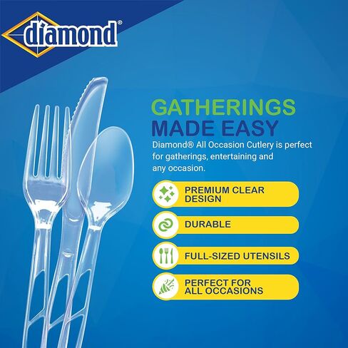 Diamond® All Occasion Clear Plastic Cutlery Set – 192 Count (64 Forks, 64 Spoons, 64 Knives), Disposable Utensils, Durable Polystyrene, Reusable Tray, Made in USA in Saudi Arabia