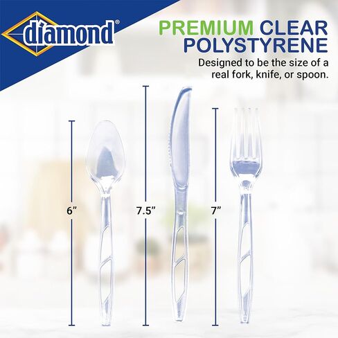 Diamond® All Occasion Clear Plastic Cutlery Set – 192 Count (64 Forks, 64 Spoons, 64 Knives), Disposable Utensils, Durable Polystyrene, Reusable Tray, Made in USA in Saudi Arabia
