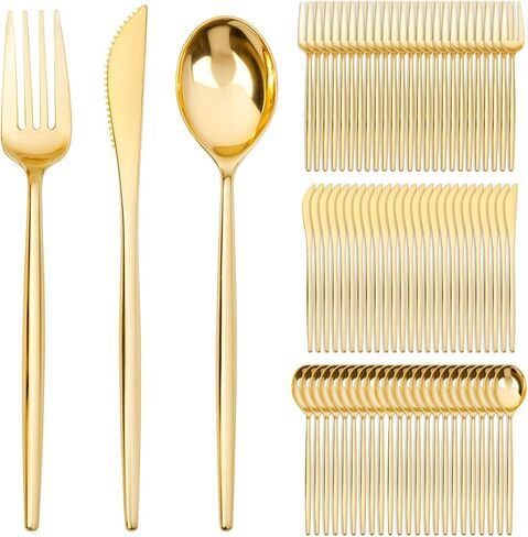 SUT 300 Pcs Gold Plastic Cutlery, Gold Utensils Disposable, Gold Plastic Silverware Set Include 100 Gold Plastic Forks, 100 Gold Plastic Spoons, 100 Gold Plastic Knives Heavy Duty Flatware for Party in Saudi Arabia