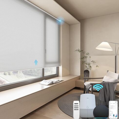 Motorized Cellular Shades with Remote, Light Filtering Smart Cellular Shades Compatible with Alexa, Honeycomb Window Blinds for Bedroom Home Office, Custom Size, Half Shading Crystal White in Saudi Arabia