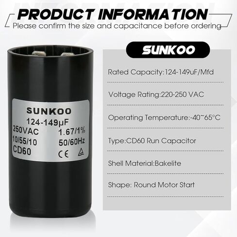 CD60 Motor Start Capacitor, 124–149 uF, 220–250VAC, 50/60Hz, Round Start Capacitor for AC Motor, Air Compressor, Well Pump, Pool Pump in Saudi Arabia