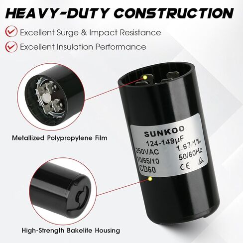 CD60 Motor Start Capacitor, 124–149 uF, 220–250VAC, 50/60Hz, Round Start Capacitor for AC Motor, Air Compressor, Well Pump, Pool Pump in Saudi Arabia