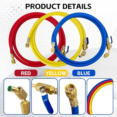 29986 Plus II خرطوم HVAC 1/4 بوصة مع صمام كروي مدمج، خرطوم تبريد طويل 72 بوصة مناسب لمجموعة خراطيم شحن التبريد R-410A، أصفر/أحمر/أزرق (عبوة من 3) in Kuwait