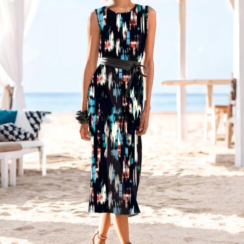 Women's Summer Sleeveless Beach Resort-Style Maxi Dress,Round Neck Slim-Fit Dress in Saudi Arabia