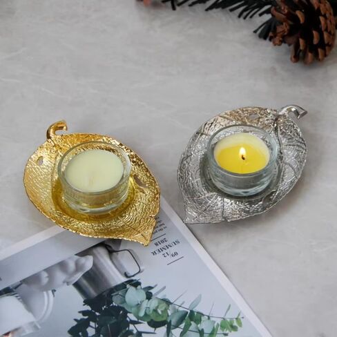 1PC Nordic Natural Wind Leaf Shape Candle Holder Tea Wax Small Round Transparent Container Table Top Decoration Candle Holder (Silvery) in Saudi Arabia