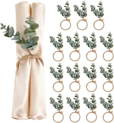 Set of 15 Artificial Green Eucalyptus Leaf Napkin Rings, Rustic Napkin Ring Set, Elegant Table Decor, Suitable for Thanksgiving, Halloween, Easter, Weddings in Saudi Arabia