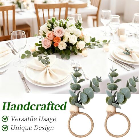 Set of 15 Artificial Green Eucalyptus Leaf Napkin Rings, Rustic Napkin Ring Set, Elegant Table Decor, Suitable for Thanksgiving, Halloween, Easter, Weddings in Saudi Arabia