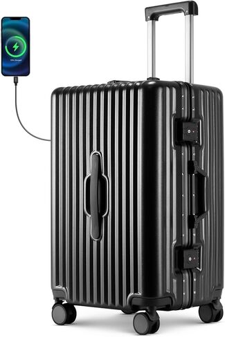 Hardside Luggage with Cup Holder & USB/Type-C Charging Port, Aluminum Frame, Zipperless Design, TSA Lock, Extra-Wide Shell – Smart Travel Suitcase,Checked (White, 28Inch) in Kuwait