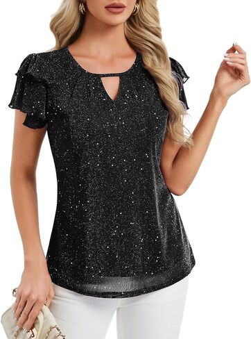 Women's Sparkly Dressy Tops Ruffle Sleeve Glitter Party Blouse Shirts in Saudi Arabia