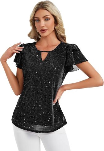 Women's Sparkly Dressy Tops Ruffle Sleeve Glitter Party Blouse Shirts in Saudi Arabia