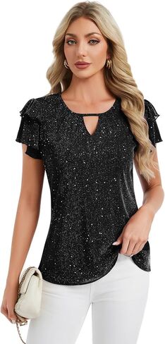 Women's Sparkly Dressy Tops Ruffle Sleeve Glitter Party Blouse Shirts in Saudi Arabia