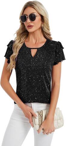Women's Sparkly Dressy Tops Ruffle Sleeve Glitter Party Blouse Shirts in Saudi Arabia