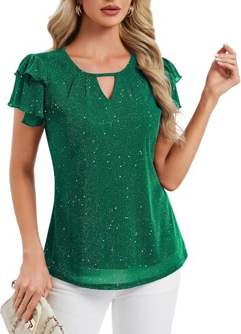 Women's Sparkly Dressy Tops Ruffle Sleeve Glitter Party Blouse Shirts in Saudi Arabia