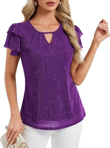 Women's Sparkly Dressy Tops Ruffle Sleeve Glitter Party Blouse Shirts in Saudi Arabia