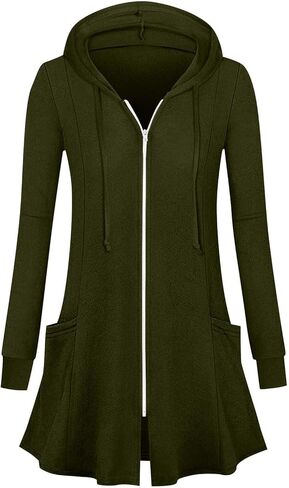 سترة نسائية طويلة بغطاء للرأس بسحاب، سترة خفيفة الوزن، سترة صوفية مفتوحة من الأمام، معطف خريفي مع جيوب، ملابس خارجية in Kuwait