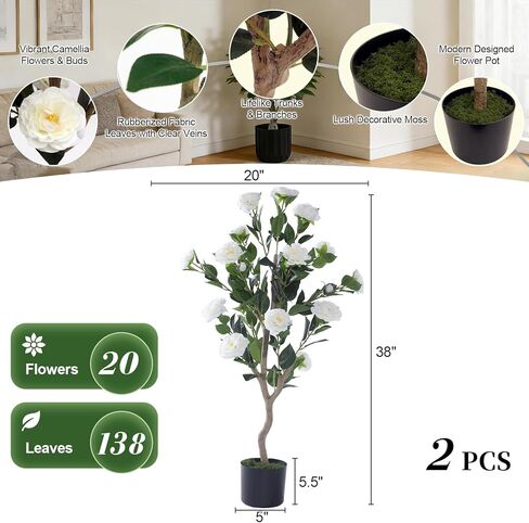2 Pack 40" Artificial Camellia Tree with Vibrant Red Flowers， Faux Flower Tree Plant in Pot Fake Topiaries in Saudi Arabia