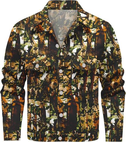 Mens Denim Jacket Long Sleeve Western Cowboy Cut Classic Floral Print Button Down Jean Jacket in Saudi Arabia