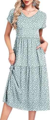 WNEEDU Summer Dresses for Women 2026 Casual V Neck Cap Sleeve Tiered Swing Flowy Midi Dress Beach Vacation Sundress in Saudi Arabia