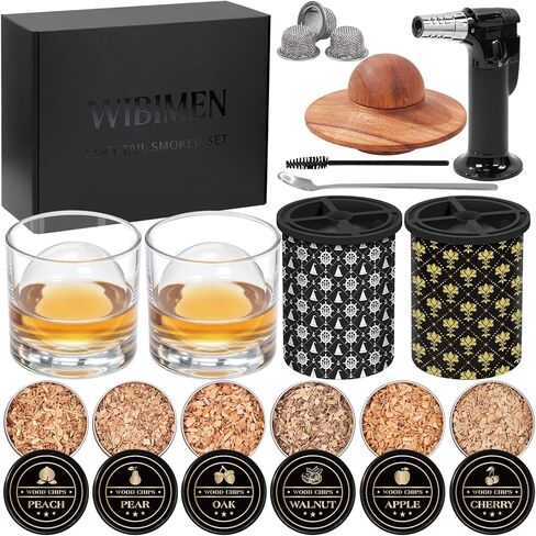 Whiskey Smoker Kit with 2 Clear Ice Maker - Old Fashioned Cocktail, Bourbon Smoker Kit with Torch, 2 Glasses, 6 Flavor Wood Chip - Anniversary/Christmas/Birthday Gifts for Men/Dad/Hasband (No Butane) in Saudi Arabia