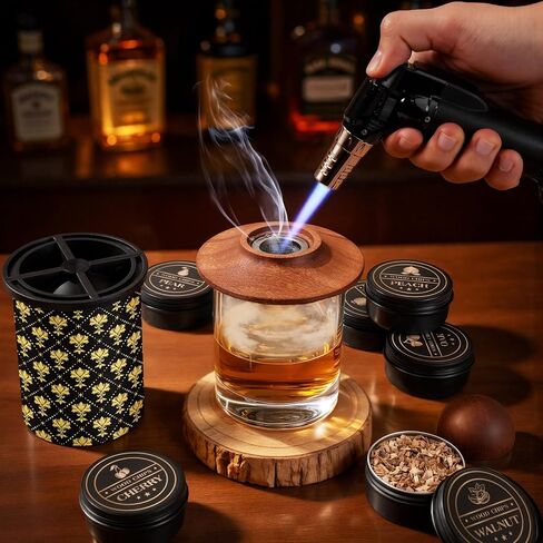 Whiskey Smoker Kit with 2 Clear Ice Maker - Old Fashioned Cocktail, Bourbon Smoker Kit with Torch, 2 Glasses, 6 Flavor Wood Chip - Anniversary/Christmas/Birthday Gifts for Men/Dad/Hasband (No Butane) in Saudi Arabia