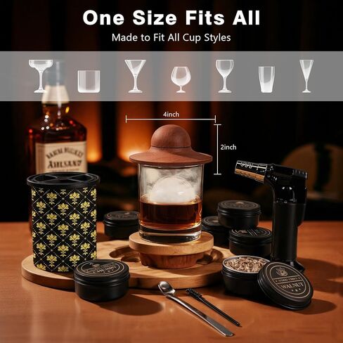 Whiskey Smoker Kit with 2 Clear Ice Maker - Old Fashioned Cocktail, Bourbon Smoker Kit with Torch, 2 Glasses, 6 Flavor Wood Chip - Anniversary/Christmas/Birthday Gifts for Men/Dad/Hasband (No Butane) in Saudi Arabia