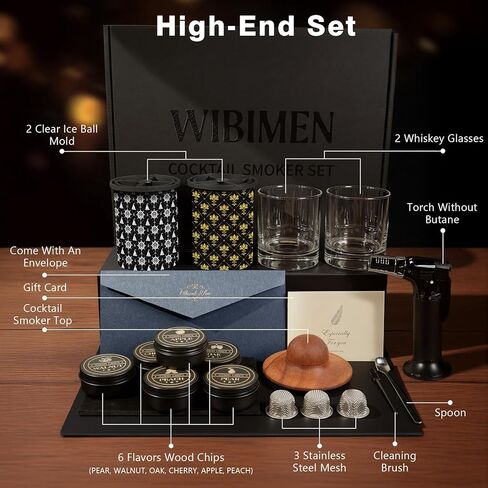 Whiskey Smoker Kit with 2 Clear Ice Maker - Old Fashioned Cocktail, Bourbon Smoker Kit with Torch, 2 Glasses, 6 Flavor Wood Chip - Anniversary/Christmas/Birthday Gifts for Men/Dad/Hasband (No Butane) in Saudi Arabia