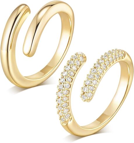 مجموعة خواتم ذهبية قابلة للتكديس للنساء - عصابات مفتوحة قابلة للتعديل مطلية بالذهب عيار 14 قيراط، خواتم متراصة عصرية رائعة، هدية مجوهرات لعيد الميلاد وعيد الميلاد لها in Kuwait