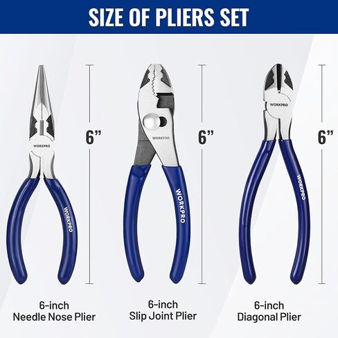 WORKPRO Pliers Set, 3-Piece Professional Pliers Tool Kit – 6" Needle Nose Plier, 6" Slip Joint Plier & 6" Diagonal Plier, Soft Grip Handles for Home DIY & Electrical Work in Saudi Arabia